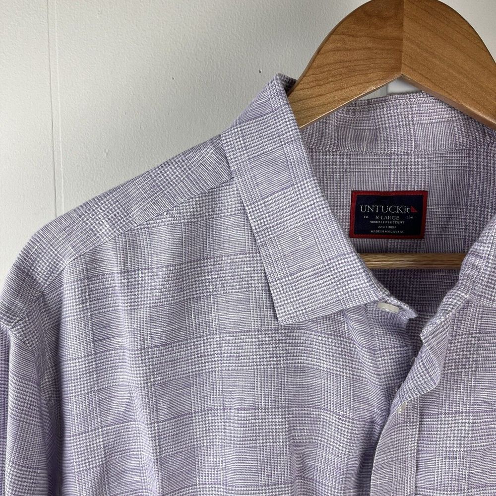 Untuckit Torontel‎ Wrinkle Resistant Shirt Mens XL Purple Plaid 100% Linen